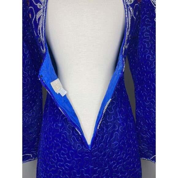 Vintage 1980s Cache Dress Women Size 6 Blue Silver Beaded Puff Sleeve Sequins - Picture 3 of 11